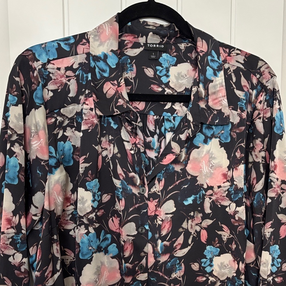 Torrid Floral Button Down Shirt - Black, Blue, Pink - Picture 5 of 8